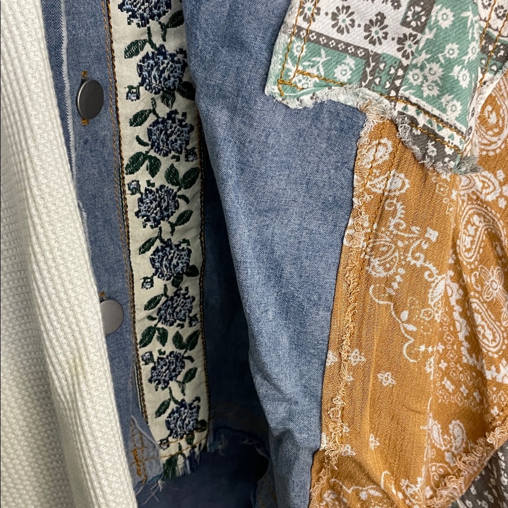 POL Boho Mixed Print Patchwork Denim Button-Up Sh… - image 7